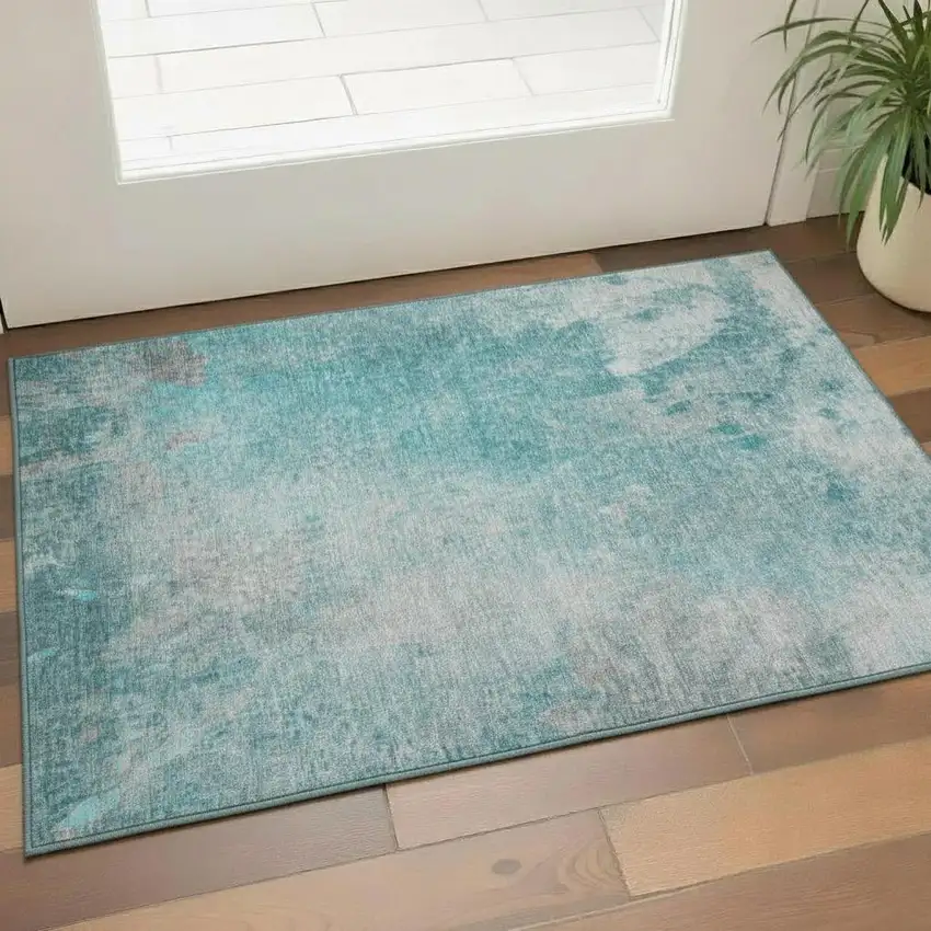 Teal And Gray Abstract Washable Area Rug With UV Protection Photo 1