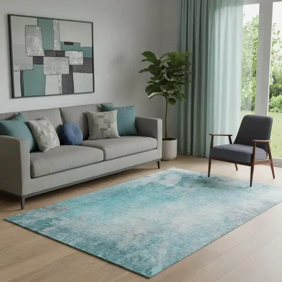 Teal And Gray Abstract Washable Area Rug With UV Protection Photo 1