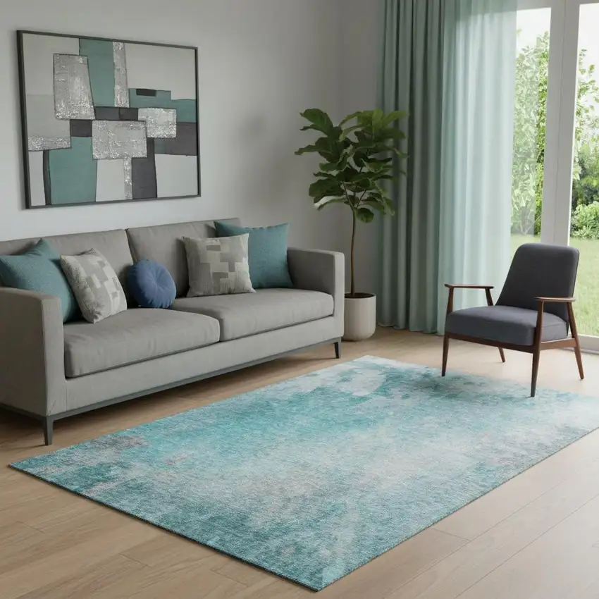 Teal And Gray Abstract Washable Area Rug With UV Protection Photo 1