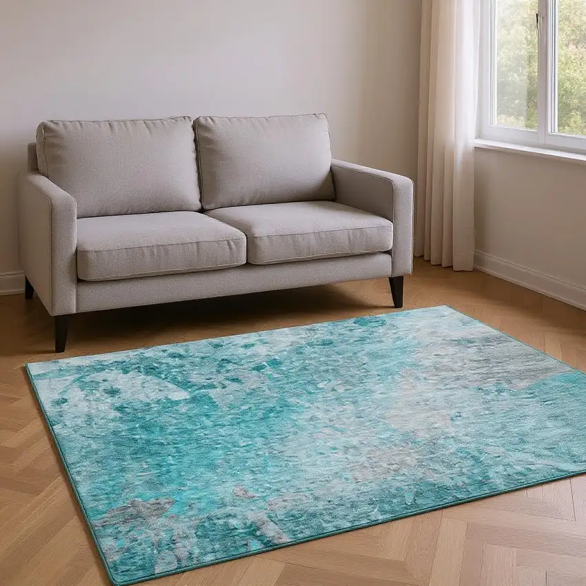 Teal And Gray Abstract Washable Area Rug With UV Protection Photo 2