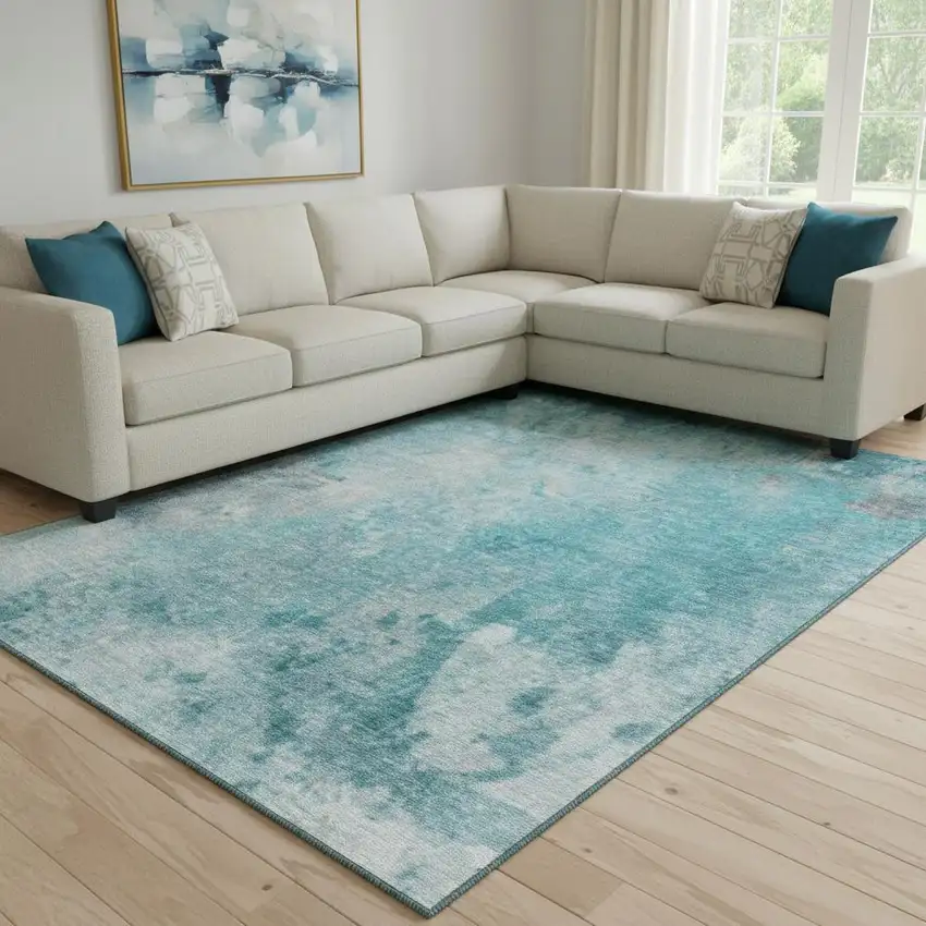 Teal And Gray Abstract Washable Area Rug With UV Protection Photo 1