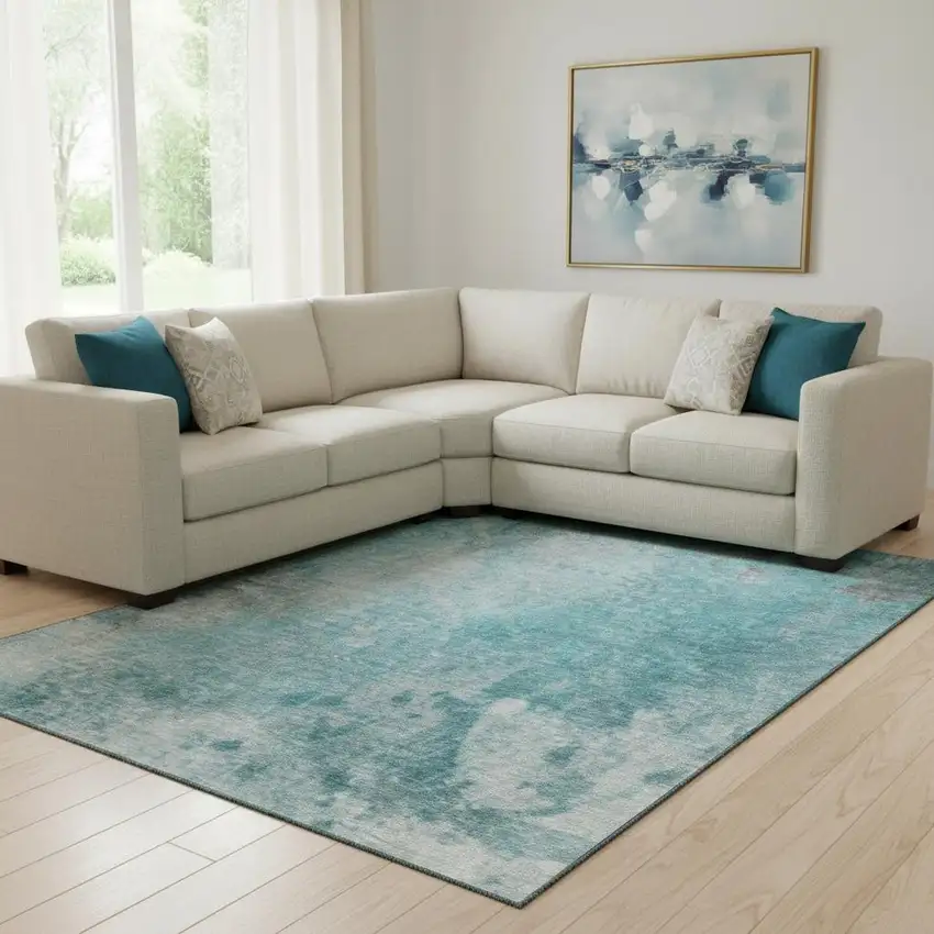 Teal And Gray Abstract Washable Area Rug With UV Protection Photo 1