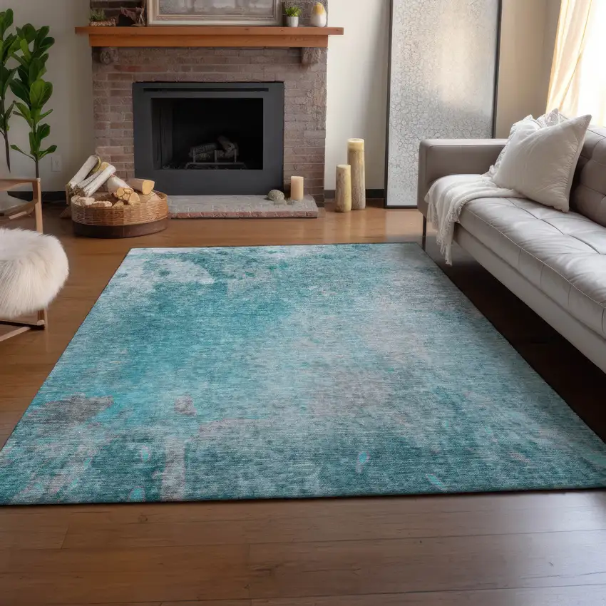 Teal And Gray Abstract Washable Area Rug With UV Protection Photo 5