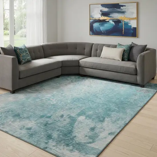 Teal And Gray Abstract Washable Area Rug With UV Protection Photo 1