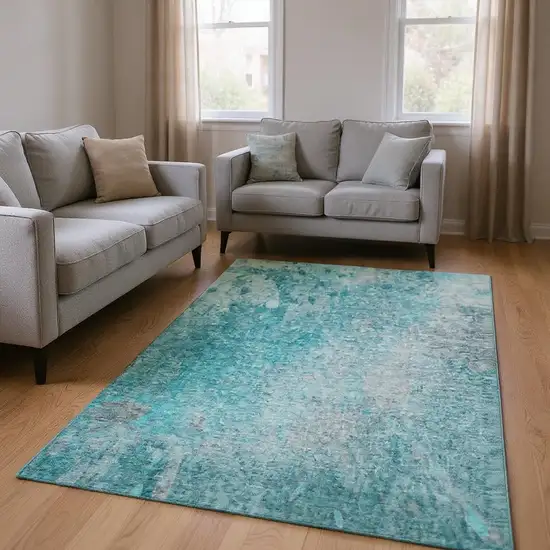 Teal And Gray Abstract Washable Area Rug With UV Protection Photo 2