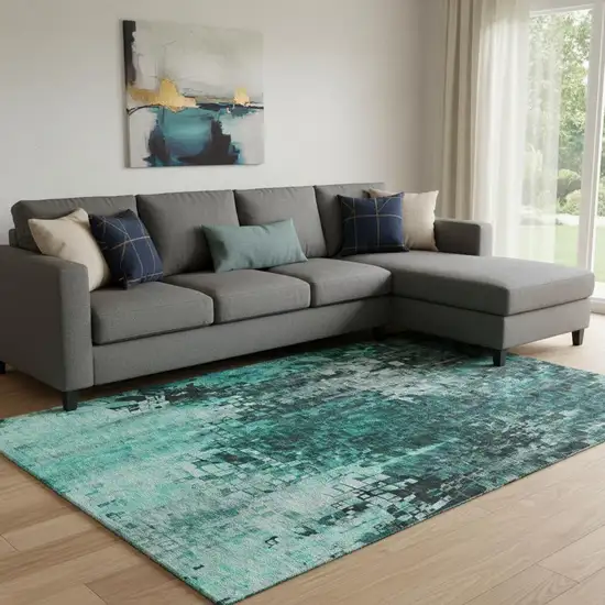 Teal And Gray Abstract Washable Area Rug With UV Protection Photo 1