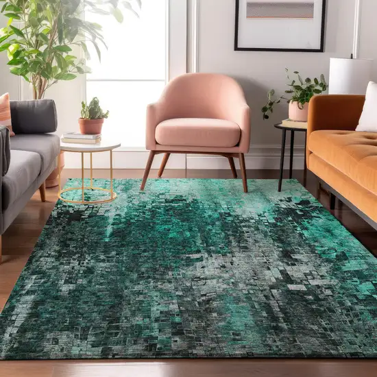 Teal And Gray Abstract Washable Area Rug With UV Protection Photo 2