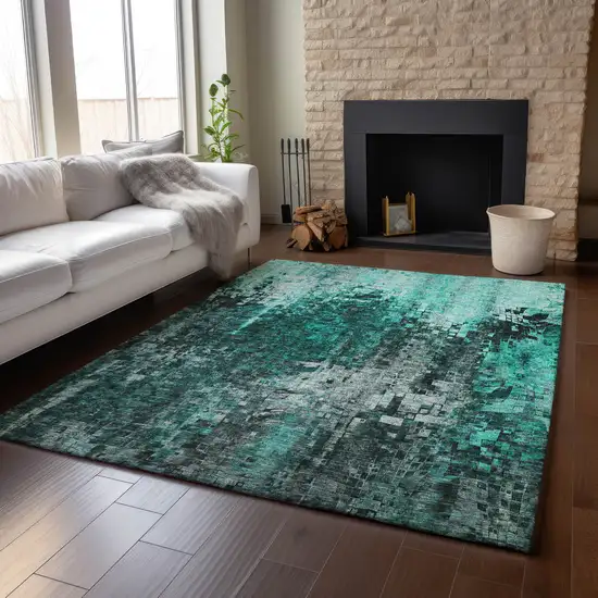 Teal And Gray Abstract Washable Area Rug With UV Protection Photo 3