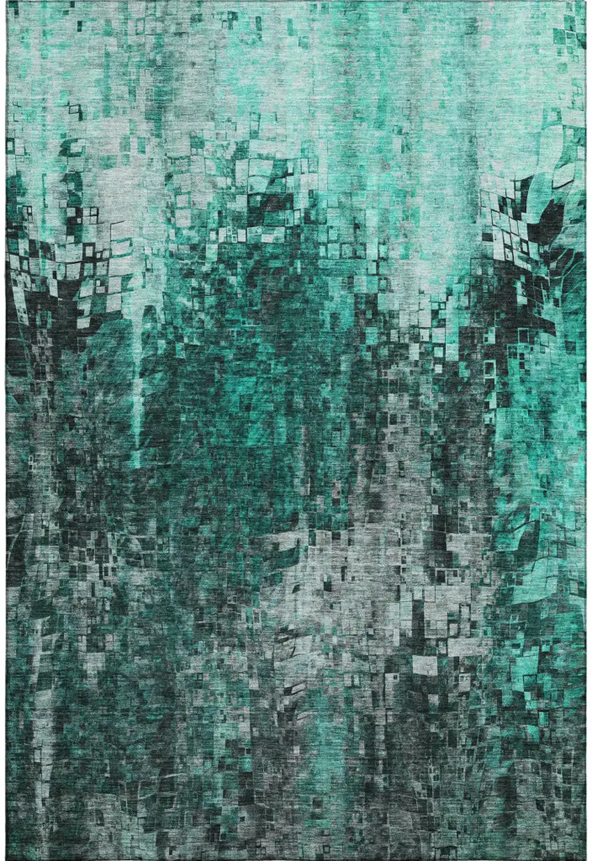 Teal And Gray Abstract Washable Area Rug With UV Protection Photo 1