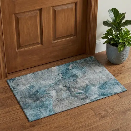 Teal And Gray Abstract Washable Area Rug With UV Protection Photo 1