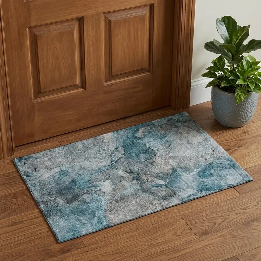 Teal And Gray Abstract Washable Area Rug With UV Protection Photo 1