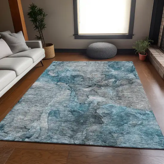 Teal And Gray Abstract Washable Area Rug With UV Protection Photo 4