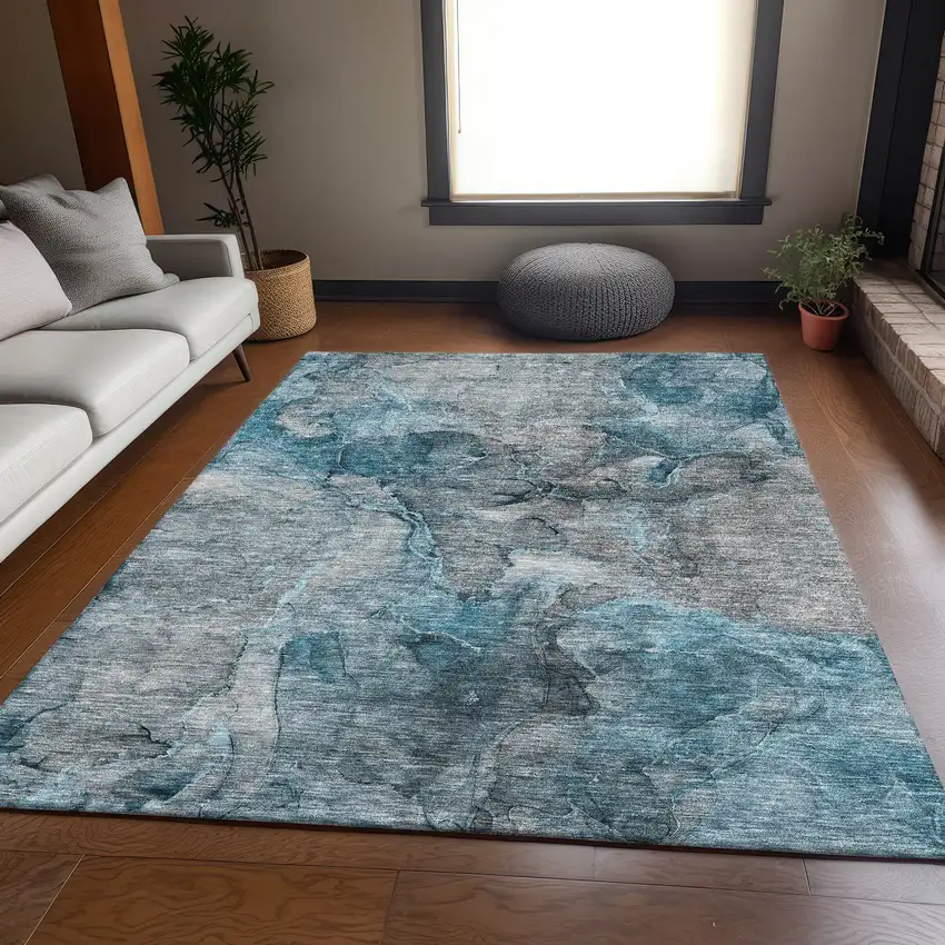 Teal And Gray Abstract Washable Area Rug With UV Protection Photo 4