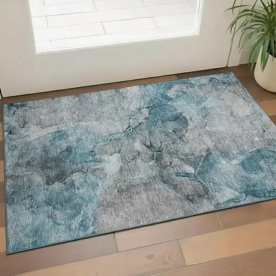 Teal And Gray Abstract Washable Area Rug With UV Protection Photo 1