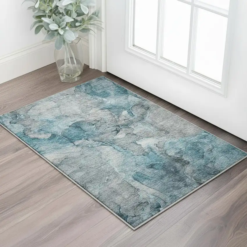 Teal And Gray Abstract Washable Area Rug With UV Protection Photo 2