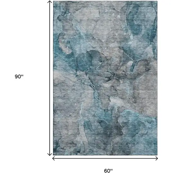 Teal And Gray Abstract Washable Area Rug With UV Protection Photo 3