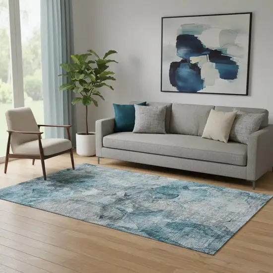 Teal And Gray Abstract Washable Area Rug With UV Protection Photo 1