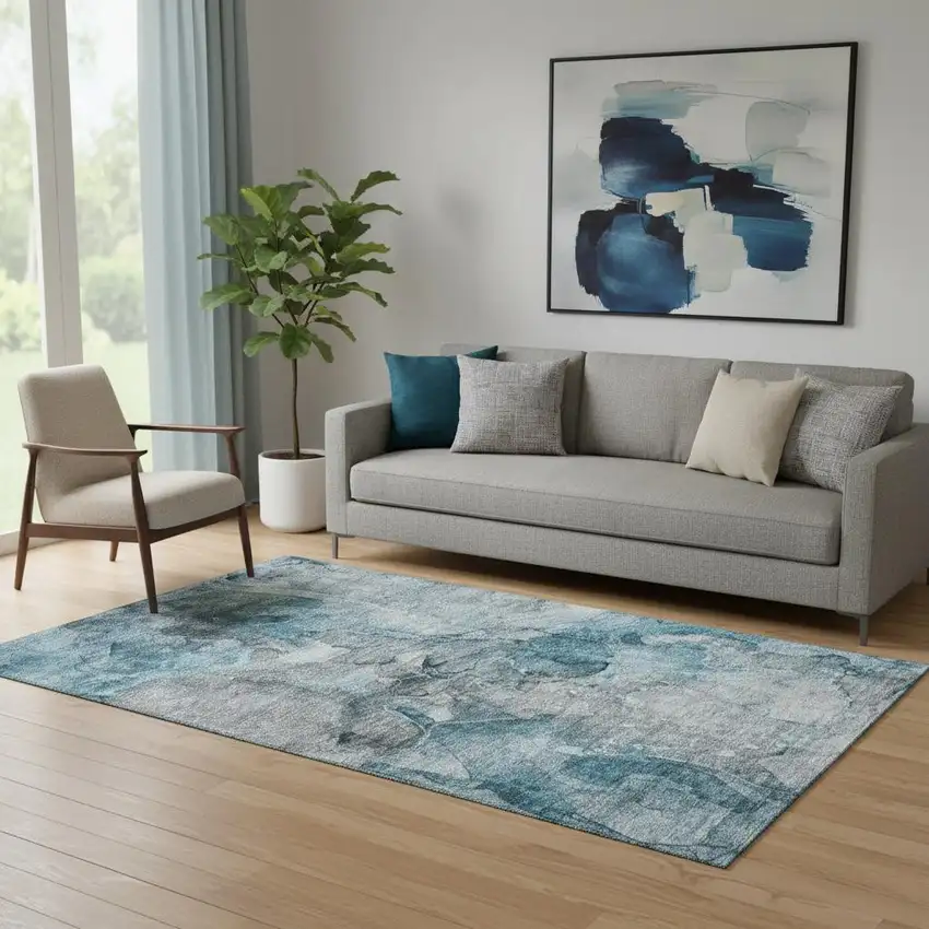 Teal And Gray Abstract Washable Area Rug With UV Protection Photo 1