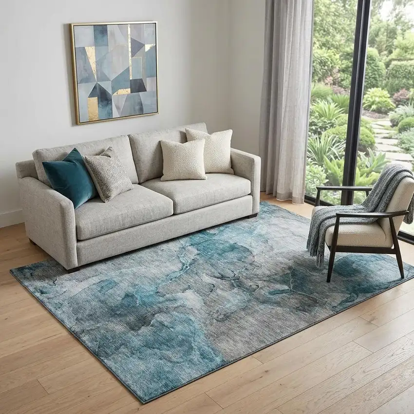 Teal And Gray Abstract Washable Area Rug With UV Protection Photo 1