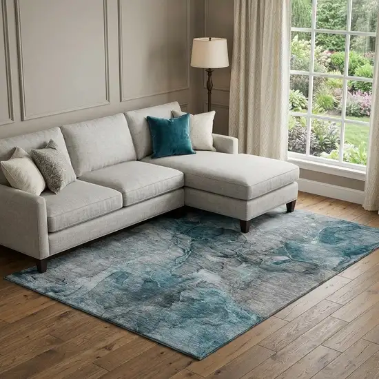Teal And Gray Abstract Washable Area Rug With UV Protection Photo 1