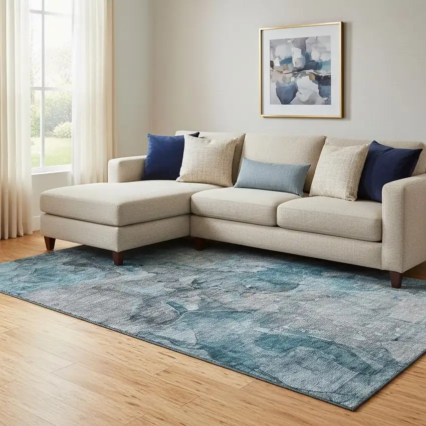 Teal And Gray Abstract Washable Area Rug With UV Protection Photo 1