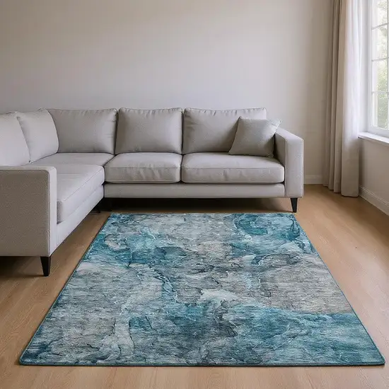 Teal And Gray Abstract Washable Area Rug With UV Protection Photo 1
