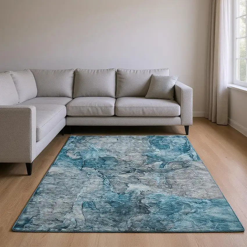 Teal And Gray Abstract Washable Area Rug With UV Protection Photo 1