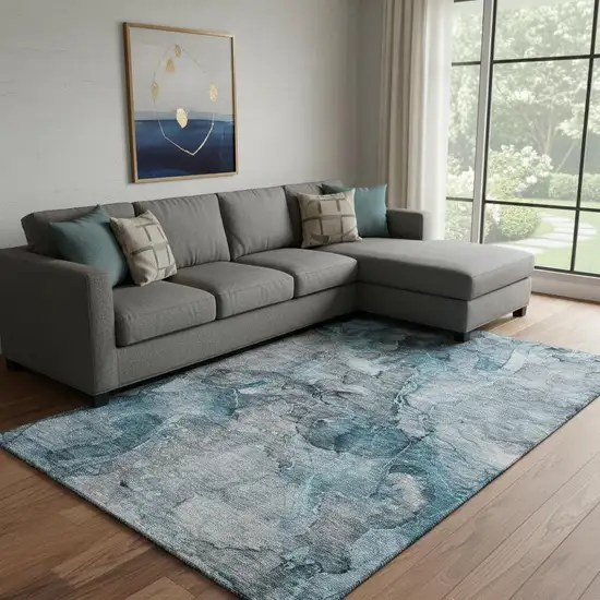 Teal And Gray Abstract Washable Area Rug With UV Protection Photo 1