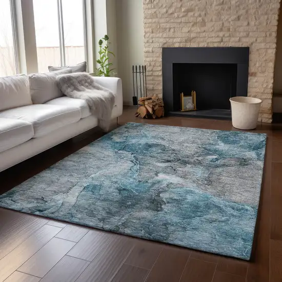 Teal And Gray Abstract Washable Area Rug With UV Protection Photo 6
