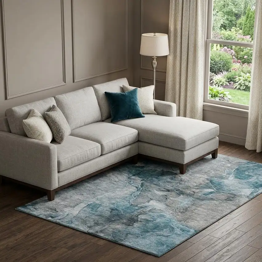 Teal And Gray Abstract Washable Area Rug With UV Protection Photo 1