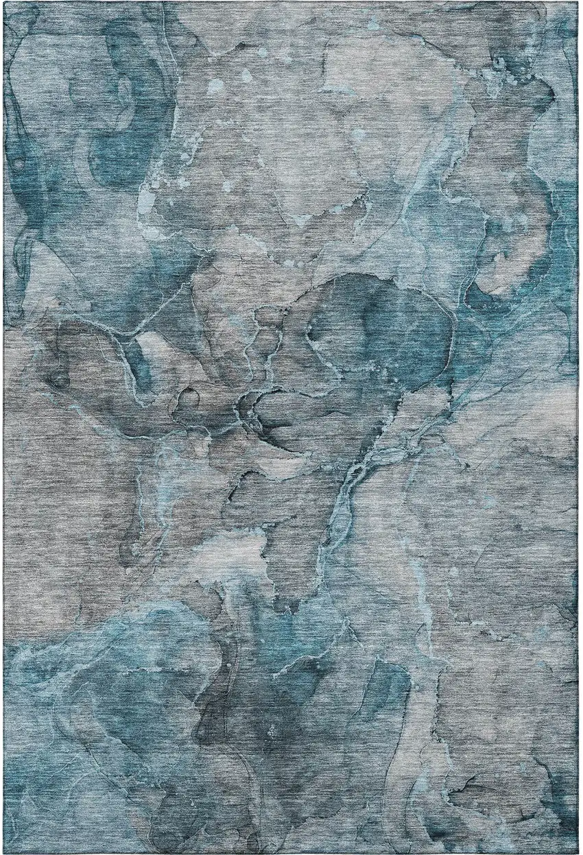 Teal And Gray Abstract Washable Area Rug With UV Protection Photo 4