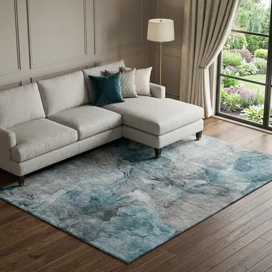 Teal And Gray Abstract Washable Area Rug With UV Protection Photo 1
