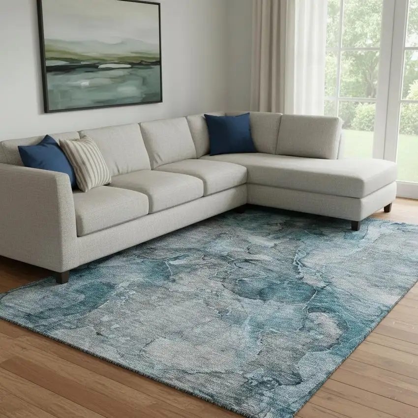 Teal And Gray Abstract Washable Area Rug With UV Protection Photo 1