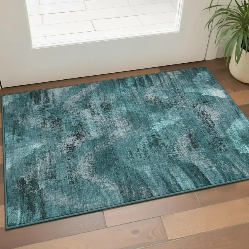 Teal And Gray Abstract Washable Area Rug With UV Protection Photo 2