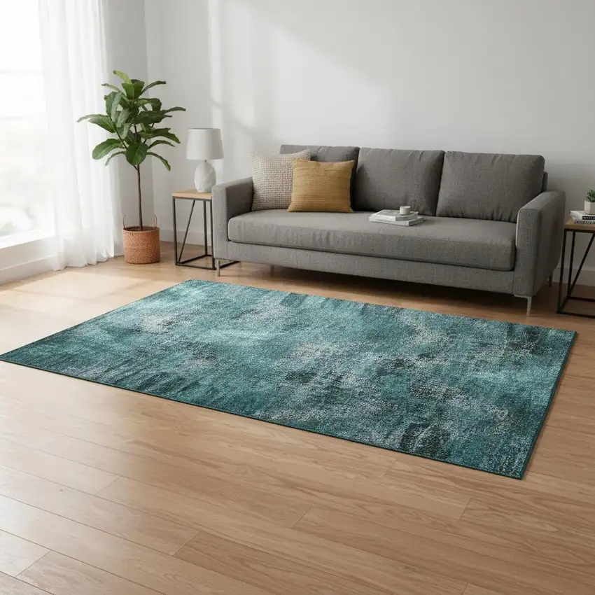 Teal And Gray Abstract Washable Area Rug With UV Protection Photo 2