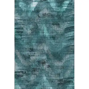 Photo of Teal And Gray Abstract Washable Area Rug With UV Protection