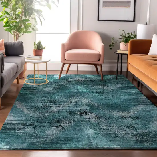 Teal And Gray Abstract Washable Area Rug With UV Protection Photo 5