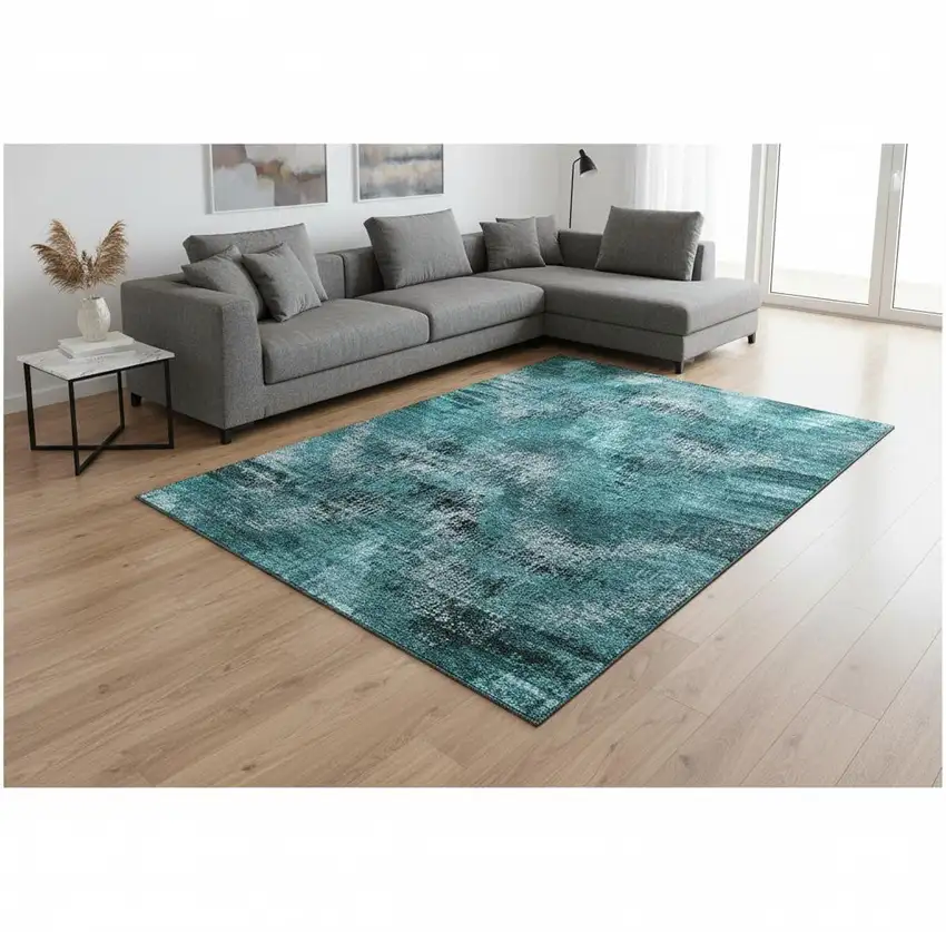 Teal And Gray Abstract Washable Area Rug With UV Protection Photo 2
