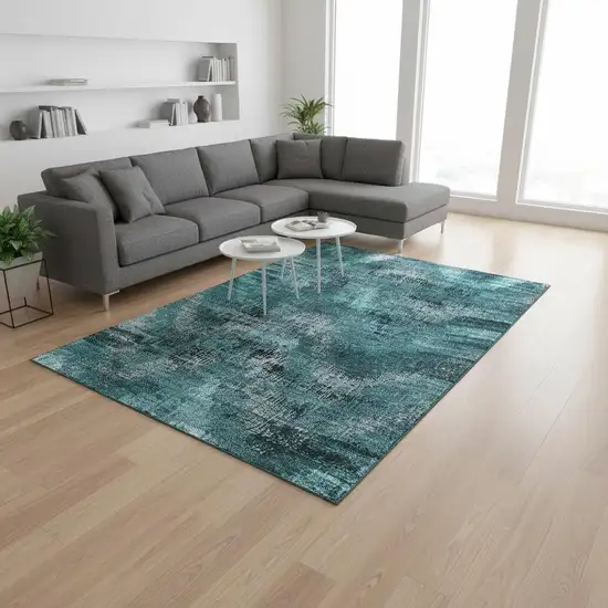 Teal And Gray Abstract Washable Area Rug With UV Protection Photo 2