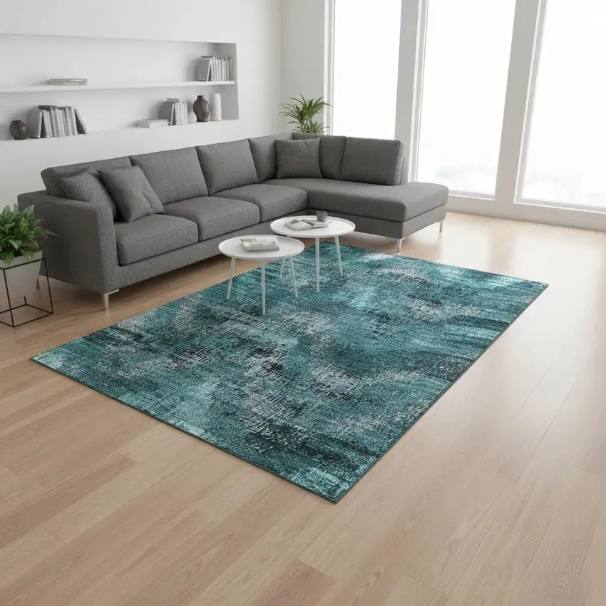 Teal And Gray Abstract Washable Area Rug With UV Protection Photo 2