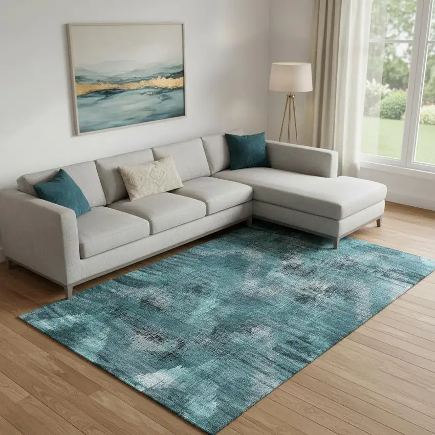Teal And Gray Abstract Washable Area Rug With UV Protection Photo 1