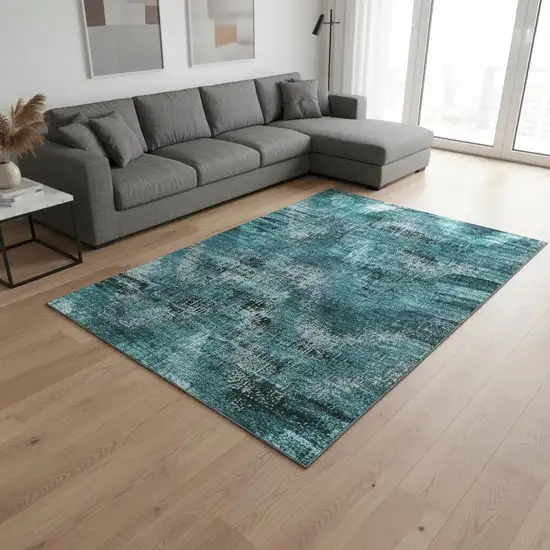 Teal And Gray Abstract Washable Area Rug With UV Protection Photo 2
