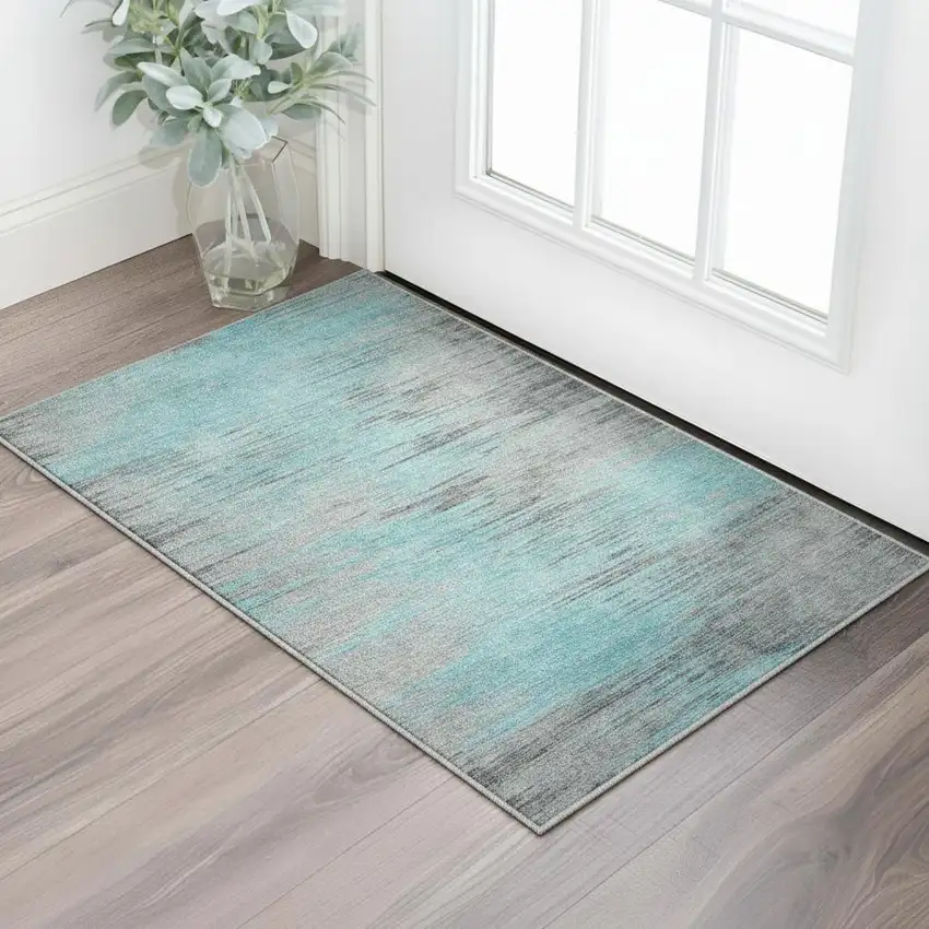 Teal And Gray Abstract Washable Area Rug With UV Protection Photo 2