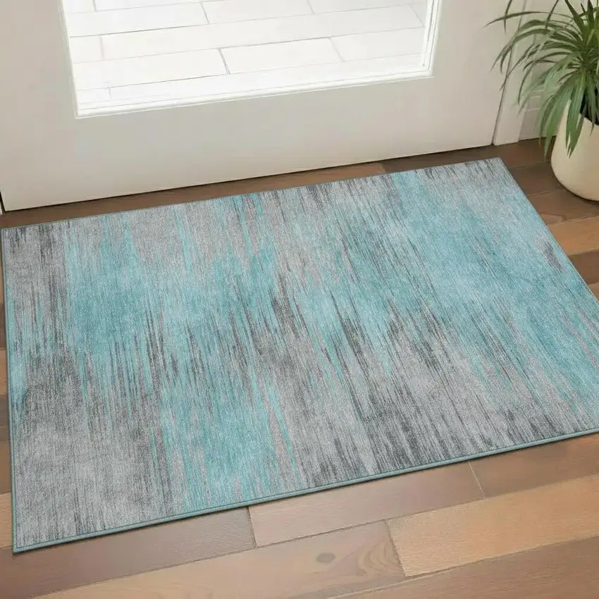 Teal And Gray Abstract Washable Area Rug With UV Protection Photo 1