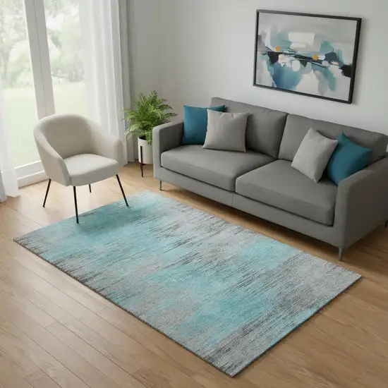 Teal And Gray Abstract Washable Area Rug With UV Protection Photo 1