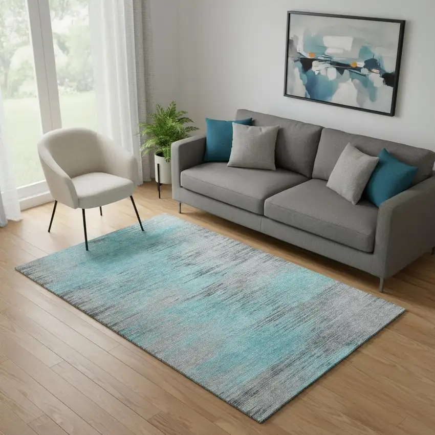 Teal And Gray Abstract Washable Area Rug With UV Protection Photo 1