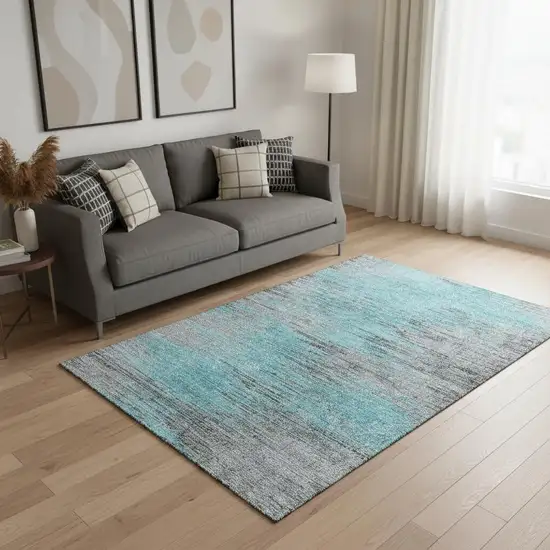 Teal And Gray Abstract Washable Area Rug With UV Protection Photo 2