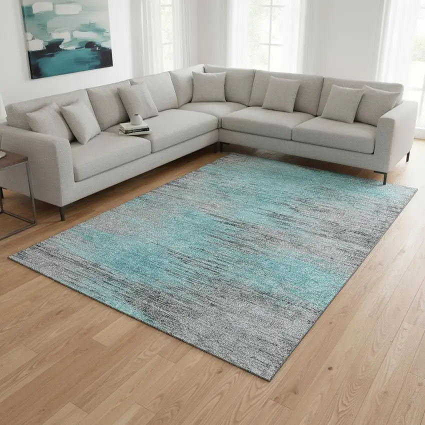 Teal And Gray Abstract Washable Area Rug With UV Protection Photo 2