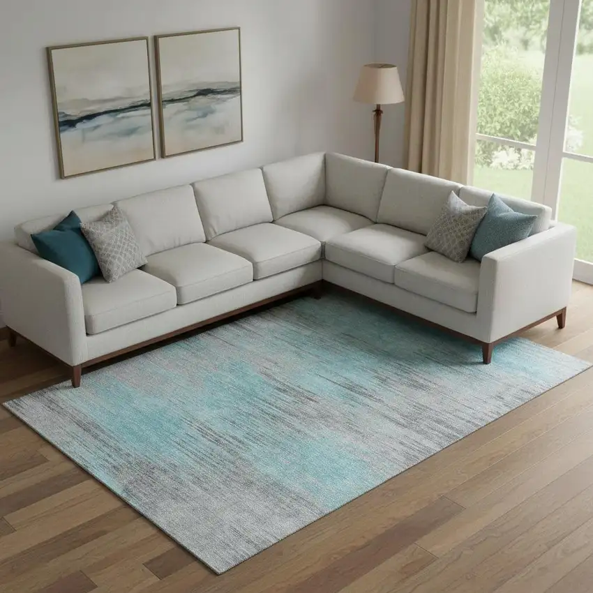 Teal And Gray Abstract Washable Area Rug With UV Protection Photo 1