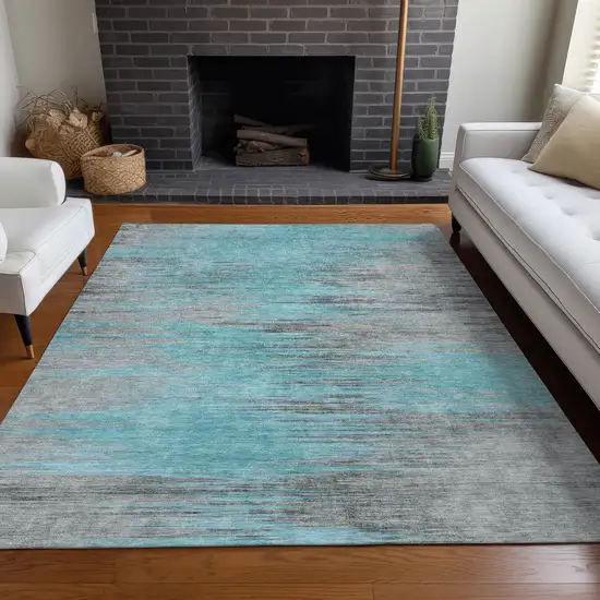Teal And Gray Abstract Washable Area Rug With UV Protection Photo 5